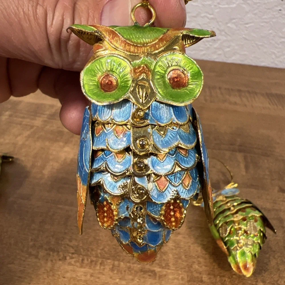Lot Of 3 Cloisonne‎ Articulated Owl Ornament Enamel on Copper